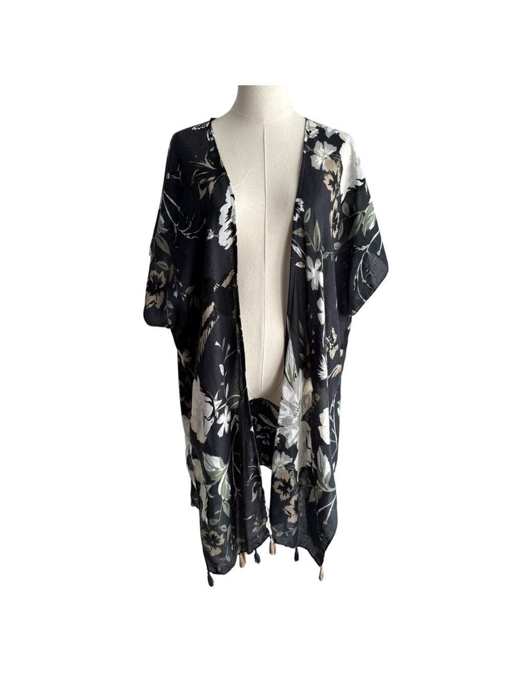 North Boheme Longline Floral Kimono O/S Dark Romantic Bohemian Tassel Wrap Shawl